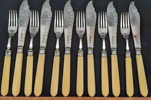 Set 6 Antique Sheffield England Atkins Brothers Fish Knife & Fork - Picture 1 of 4