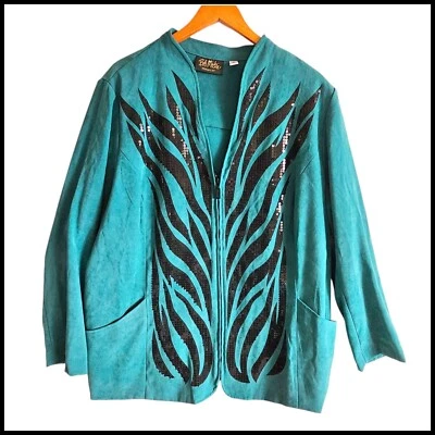 Chaqueta Bob Mackie Usable Art Lentejuelas Azul Teal Verde 2X Talla Grande Foto 1 de 4