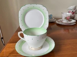 Vintage 50’s Bell , England, trio, cup, saucer & plate, green polka dots - Picture 1 of 6