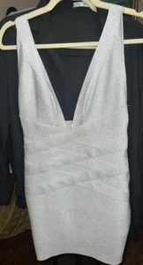 Missguided Silver Bandage Extreme Plunge Sparkle Mini Dress Size US Women 4 NWOT - Picture 1 of 4