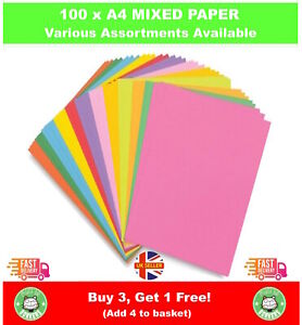 100 x MIXED COLOURED A4 PAPER SHEETS 80GSM PRINTER COPIER CRAFT OFFICE SCHOOL