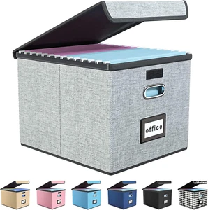 Upgraded Portable File Organizer Box with Lid, Collapsible Linen, Gray - Picture 1 of 7