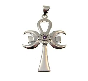 Solid 925 Sterling Silver Triple Moon Goddess Ankh With Amethyst, Cross of Life