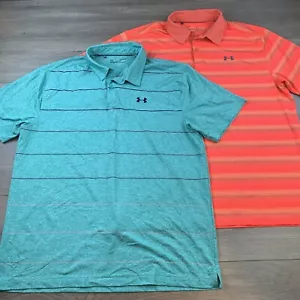 x2 Under Armour Heat Gear Mens XL Polo Shirts Loose Golf Lot Orange Blue Striped - Picture 1 of 17
