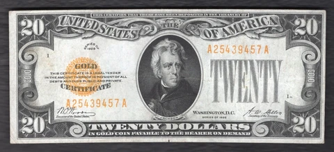 FR. 2402 1928 $20 TWENTY DOLLARS GOLD CERTIFICATE CURRENCY NOTE VERY FINE+ (B) Cover