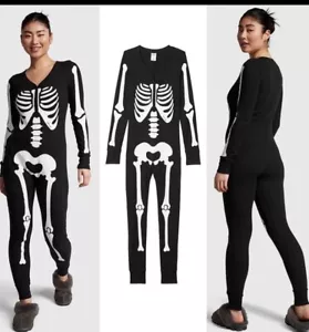 Victoria's Secret PINK Thermal Sleep One Piece Halloween Black Skeleton S New - Picture 1 of 5