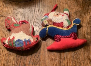 Set Of 2 Cross Stitch Christmas Ornaments Santa And Rocking Horse Detailed - Picture 1 of 5