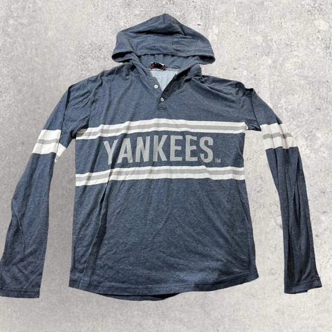 Vintage New York Yankees Shirt Mens Large Blue Gray Henley Baseball Hoodie Sport Cover