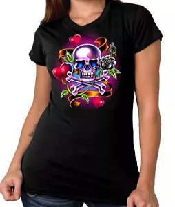 Motorcycle T-shirt Ladies Skull Tattoo Womens Biker Black New Small Medium - Picture 1 of 2