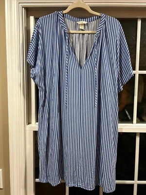Vestido para mujer H&M de algodón de corte ancho azul blanco a rayas de gran tamaño XL USADO EN EXCELENTE ESTADO Foto 1 de 4