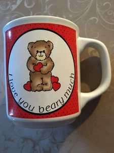 Vintage Valentine Coffee Mug I LOVE YOU BEARY MUCH Bear and Hearts - Picture 1 of 1