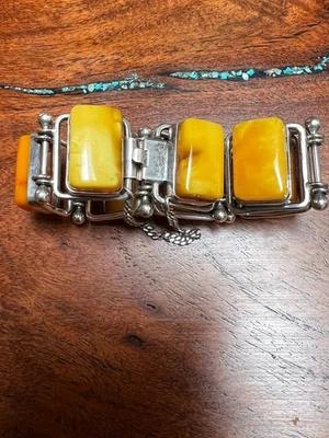 Amazing Baltic Amber Butterscotch Egg Yolk Sterling Silver Panel Bracelet - Image 1 of 4