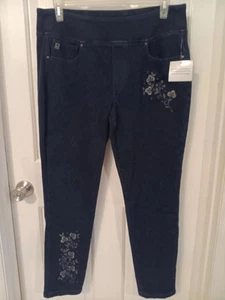 NWT~BELLE~Kim Gravel~EMBROIDERED~dark blue denim~PULL-ON~ knit~JEANS~size 16 - Picture 1 of 6