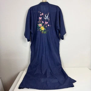 Vintage chinesischer blauer Kimono Gewand Blumen Vogel Stickerei 70er Jahre - Bild 1 von 9