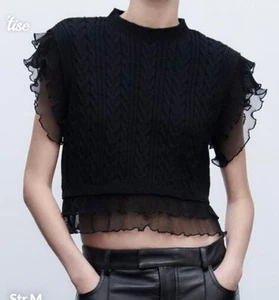 Versona Small Black Knit Ruffle Sleeve Sweater Vest Top Cottagecore Chic - Picture 1 of 7