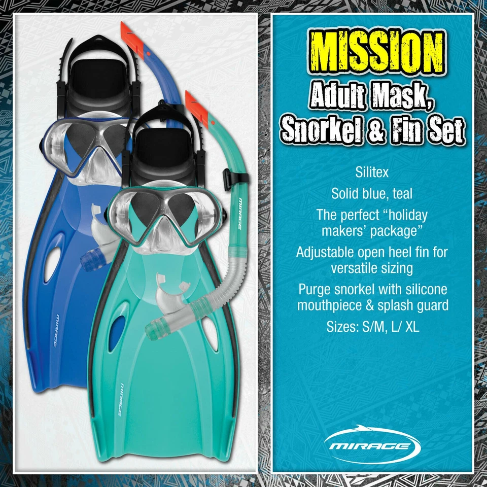 MIRAGE Mission Silitex Mask Fins Snorkel Set Silicone Blue Teal Snorkelling - image 1 of 1