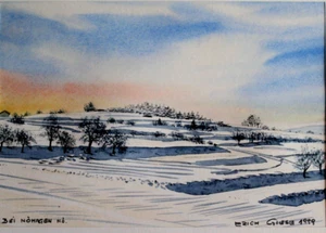 Original Erich Giese Weißenk. Aquarell 1999 Winterlandschaft mit Bäumen Nöhagen - Bild 1 von 7