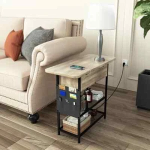 NIB Hogsett End Table Storage W/USB Ports & Power Outlets With Side Pockets GRAY - Picture 1 of 5