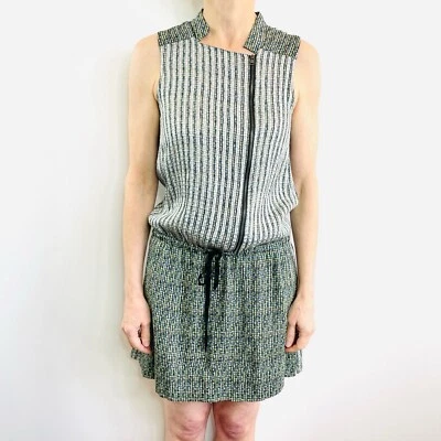 Mini vestido Edun tamanho S 6 8 verde e branco gola alta mistura de seda designer de Nova York - Imagem 1 de 4