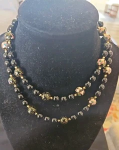 Vintage Black Onyx Bead Cloisonne Flower Necklace 28" Diameter No Clasp - Picture 1 of 6