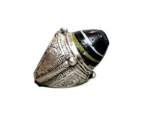 Afghanischer Silberring Venezianische Glasperle Antik Ziseliert Silber Vögel Vintage Ring - Bild 1 von 6