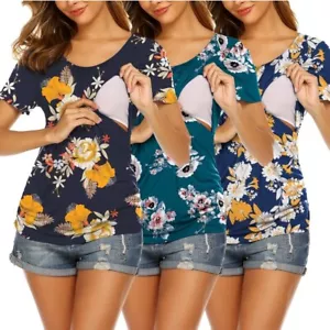 Floral Short Sleeve Nursing Shirts for Women 3 Packs Maternity Blouses Soft (M) - Picture 1 of 4