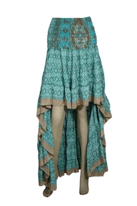 Boho Gypsy Hippy Teal Green Hi Low Skirt Printed Flared Holiday Skirts S/M