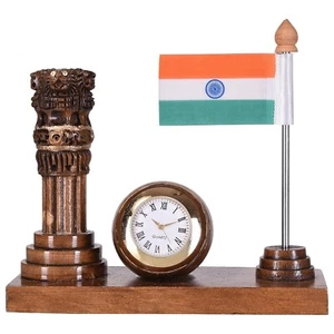 Wooden Handmade Flag Pen Stand With Clock For Home & Office Desk - Picture 1 of 3
