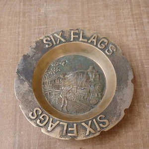 Six Flags Metal Ashtray Amusement Park Souvenir Memorabilia Train Image Korea - Picture 1 of 3