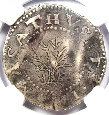 1652 Massachusetts Oak Tree Silver Shilling 1S - Certified NGC VF Details - Rare Cover