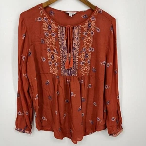 Blusa donna marca Lucky taglia XL arancione floreale bohemien nodo nappa - Foto 1 di 10