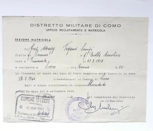 R.S.I Documento Distretto Militare di Como Ufficio Reclutamento e Matricola - Picture 1 of 3