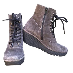 Fly London grau Wildleder Keilabsatz Stiefeletten Schnürung mit seitlichem Reißverschluss US Größe 6 - Bild 1 von 9