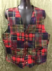 ORVIS tartan plaidWool Waistcoat Vest XLarge red multi patch Plaid Front Button - Picture 1 of 10