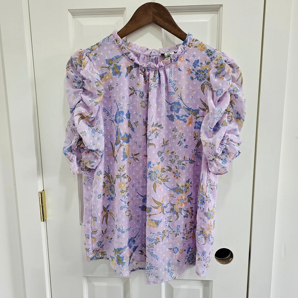 Blusa Top Para Mujer Rachel Zoe Púrpura Floral Volantes Cuello Manga Abullonada M Foto 1 de 4
