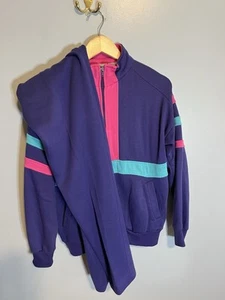 VTG 90s Purple Teal Hot Pink S Sweatshirt Sweatpants Sweat Suit Set zip up - Picture 1 of 8
