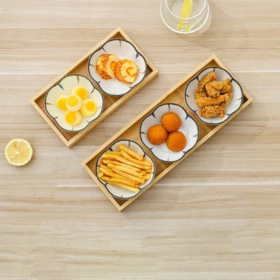 1 set di piattini in ceramica per snack in stile giapponese con vassoio in legno - Immagine 1 di 4