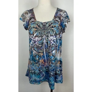 Live and Let Live Sz M Blue bohemian Shirt soft hippie Y2K Flutter Sleeve Tunic - Picture 1 of 5