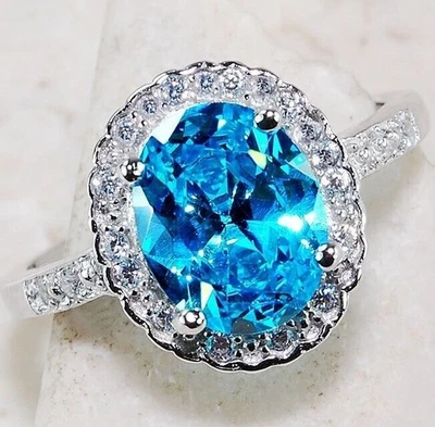 Anillo de plata de ley 925 con aguamarina y topacio de 2 quilates talla 7 UB1-4 Foto 1 de 3