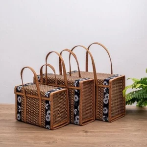 Rectangular Bamboo Picnic Basket Large Capacity Handheld Woven Basket for Home - Picture 1 of 9