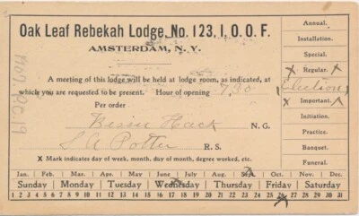 Oak Leaf Rebekah Lodge no. 123 I.O.O.F. Odd Fellows Amsterdam NY Postal card 191 - Image 1 of 2
