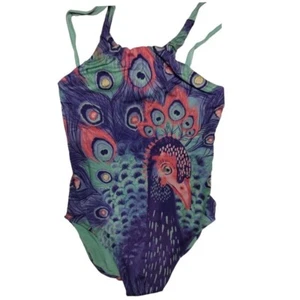 OFFCORSS Peacock Print Swimsuit One Piece Girls Kids Colorful Size 10 - Picture 1 of 8