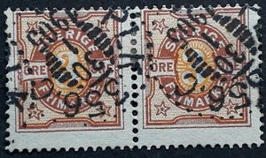 1905 Sweden pair of 3 ore brown & yellow Numeral stamps PLK 356C Railway cds - Picture 1 of 2