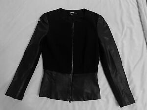 DKNY Women’s Petite Black Genuine Leather Panel Moto Jacket Stretch Zip Up
