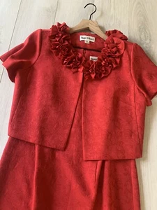 Danny Nicole Red Floral Jacquard Ruffle Jacket & Sheath Dress Suit Set Sz 12P - Picture 1 of 12