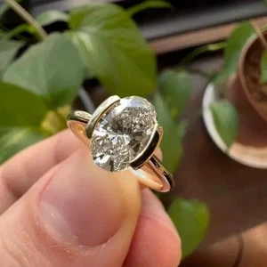 Anillo de boda vintage único cultivado en laboratorio corte ovalado de 3 quilates de oro amarillo de 14 quilates - Imagen 1 de 6