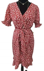 Kate Kasin Faux Wrap Dress Medium Red Floral Ruffled Hem And Arms Cottagecore - Picture 1 of 11