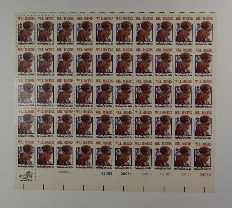 US SCOTT 1801 PANE OF 50 WILL ROGERS STAMPS 15 CENT FACE MNH - Image 1 of 1