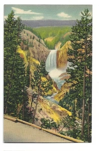Lower Falls Yellowstone Nationalpark Vintage Leinen Postkarte unbenutzt - Bild 1 von 2