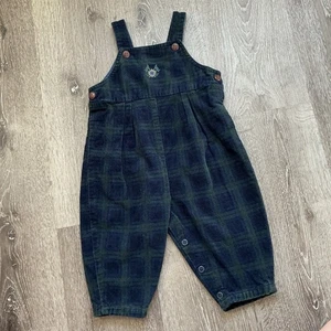 Vintage Hartstrings Baby Blue Green Plaid Corduroy Logo Overall Romper 18M - Picture 1 of 5